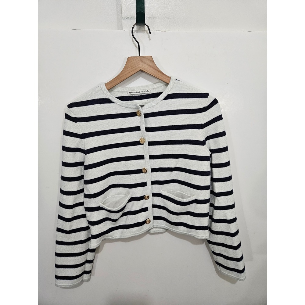 Abercrombie & Fitch Striped Gold Button Cardigan Sweater Navy White M